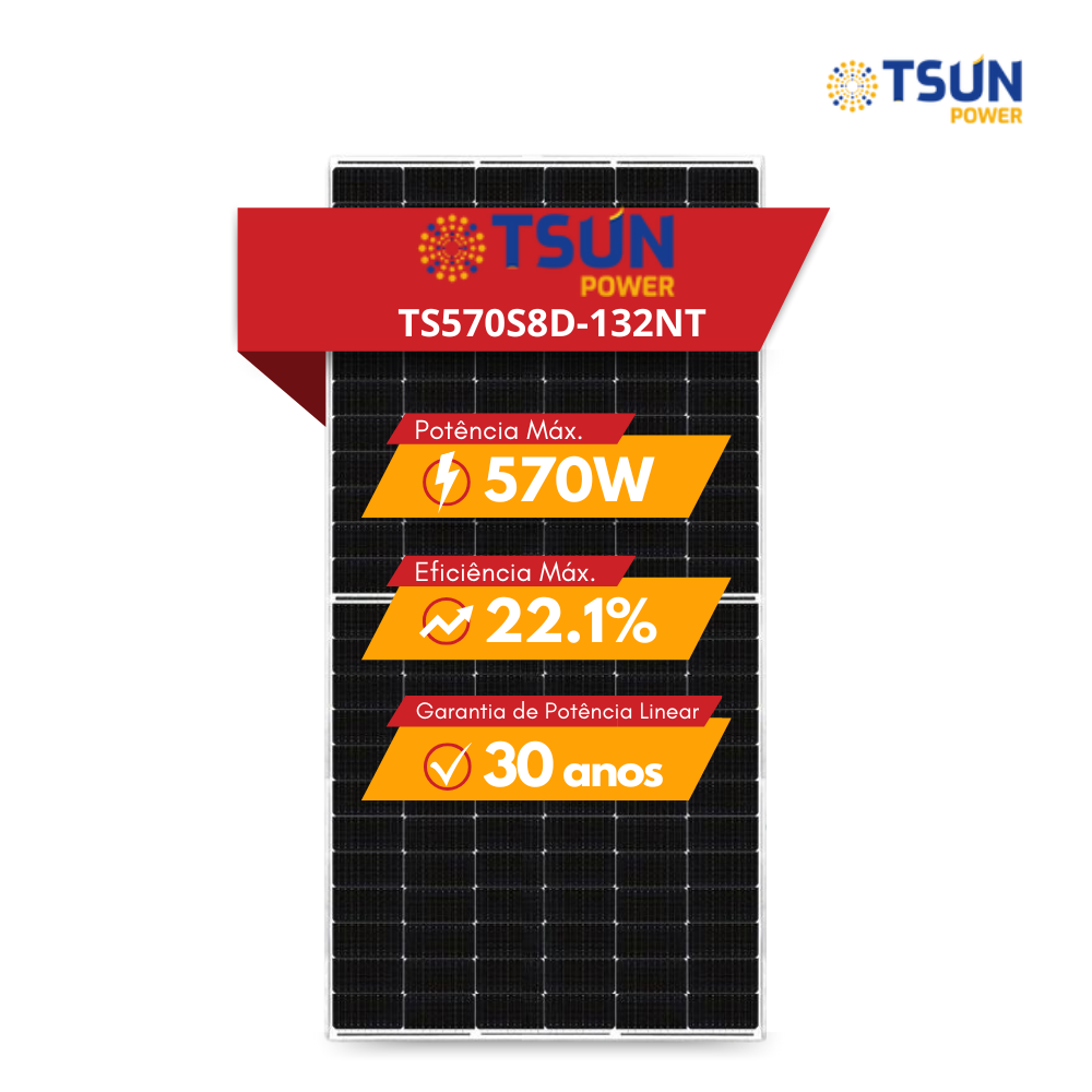 PAINEL SOLAR TSUN POWER 570W TS570S8D-132NT N-TYPE TOPCON (Previsão de chegada em 16/12/2024)