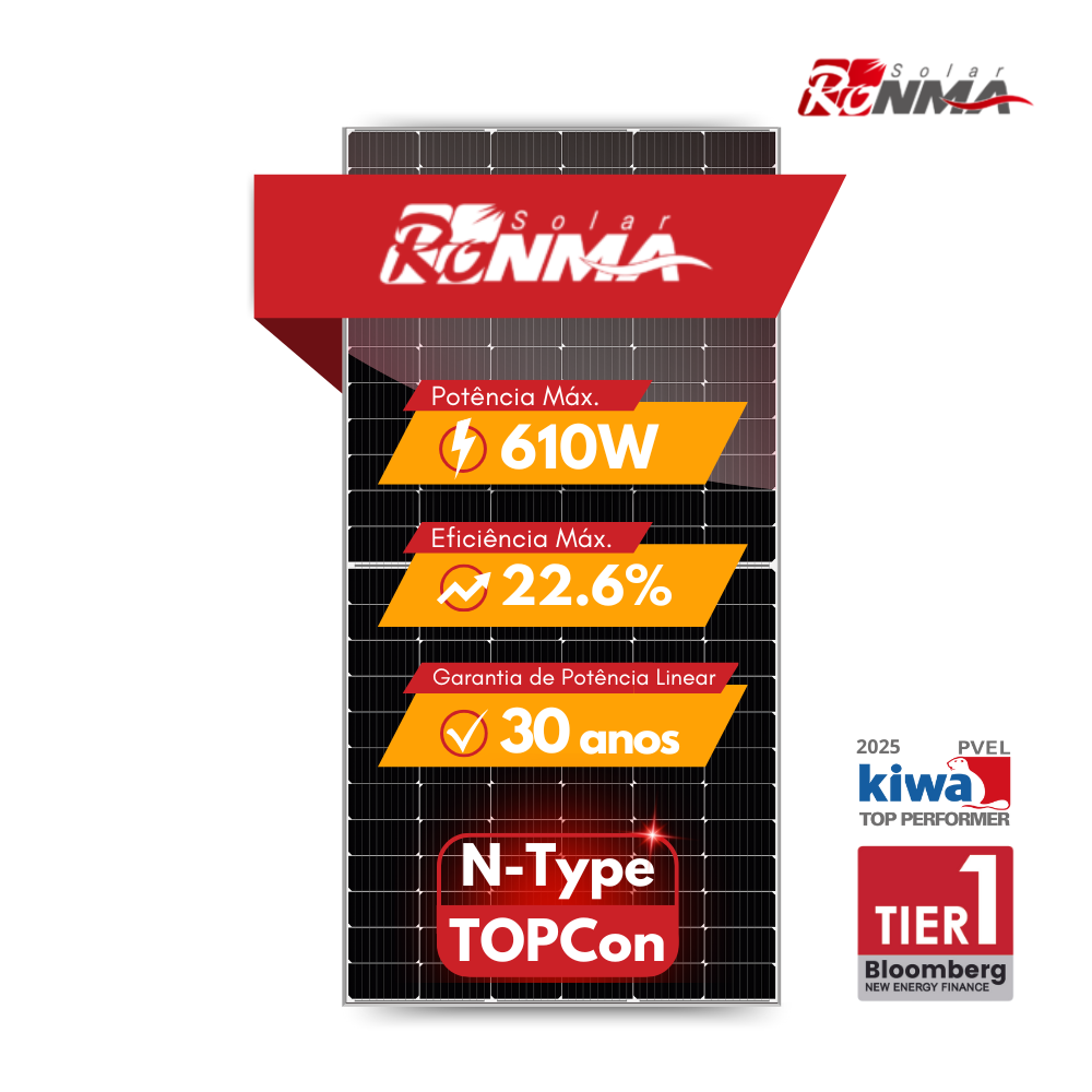 PAINEL SOLAR RONMA 610W BIFACIAL N-TYPE TOPCON RM-610W-182R-132TB